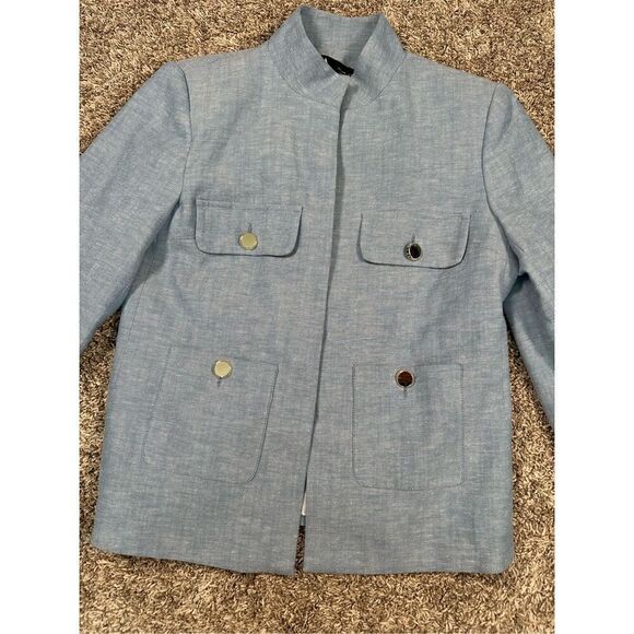 NWT zara high collar blazer jacket women’s S pockets buttons light blue linen - Picture 9 of 13